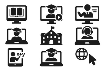Poster - Vector icons representing online education elements including virtual learning, teaching, and educational tools for modern students