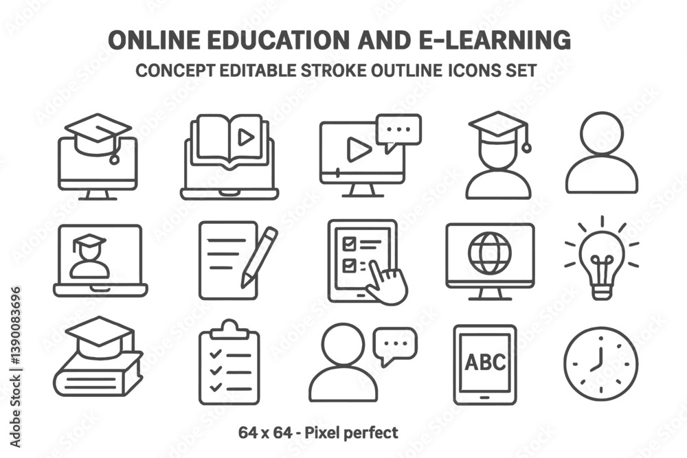 Collection of line vector icons for online education and e-learning ...
