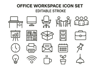 Aufkleber - Modern line vector icons representing various office workspace elements for organizational and functional needs
