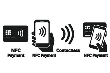 Leinwandbilder - NFC payment methods illustrated with line vector icons showcasing card and smartphone use in contactless transactions