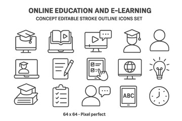 Poster - Collection of line vector icons for online education and e-learning activities depicting various learning tools and resources