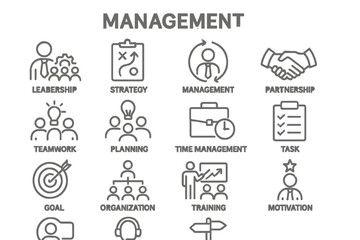 Poster - Various line vector icons representing management concepts including leadership, strategy, and teamwork elements for business use