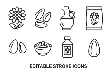 Poster - Line vector icons showing sunflower, seeds, oil, and packaging in a minimalist style for design projects