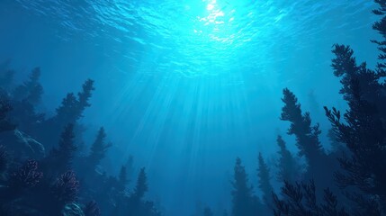  Beneath the surface, a thriving ecosystem supports regenerative ocean farming with various marine plants flourishing under diffused sunlight, showcasing sustainable practices in oceanic environments