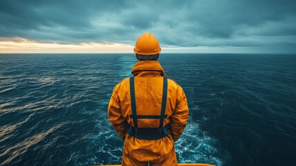 Poster - A worker clad in bright orange safety gear stands at the edge of a vessel, gazing out over the expansive ocean waves under a cloudy sky, engaged in offshore drilling activities.