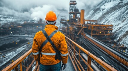 Aufkleber - Worker in safety gear observes vast mining and excavation activity at a power plant, surrounded by heavy machinery and industrial structures amid an overcast sky.