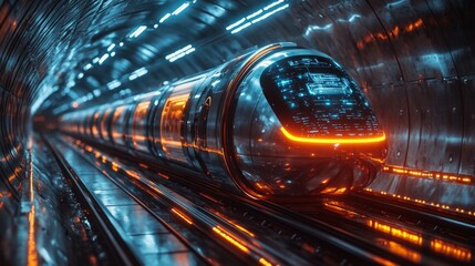 Fototapete - A cutting edge smarttrain glides through a sleek tunnel filled with vibrant neon lighting, representing the forefront of autonomous mobility technology and transportation infrastructure.