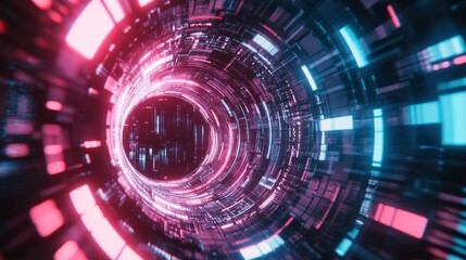 Abstract Data Stream Tunnel with Glowing Digital Elements and Visual Depth