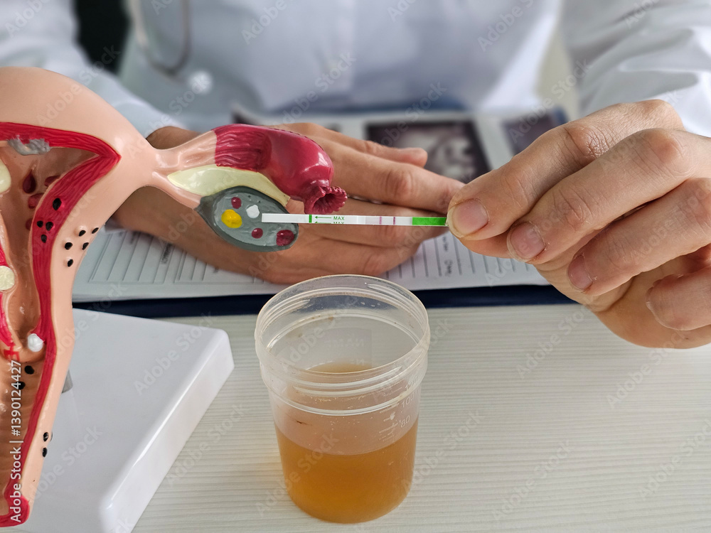 Health professional conducting a pregnancy test using a model of the ...