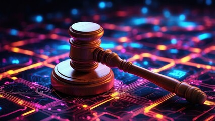 A judge's gavel is placed on a digitally rendered surface with glowing circuitry and binary code