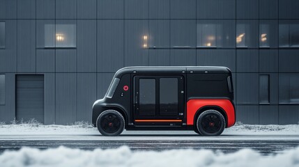 Aufkleber - A sleek and modern autonomous delivery vehicle stands on a paved surface in an urban setting, showcasing advancements in logistics and mobility solutions for last mile transportation needs.