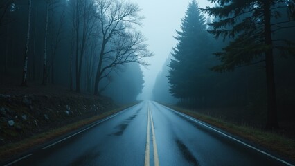 Poster - Serene and Mysterious Foggy Road Surrounded by Dark Green Forest in Twilight Atmosphere with Soft Light Reflections on Wet Pavement