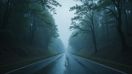 Poster - Serene and Mysterious Foggy Road Surrounded by Dark Green Forest in Twilight Atmosphere with Soft Light Reflections on Wet Pavement