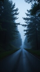 Poster - Serene and Mysterious Foggy Road Surrounded by Dark Green Forest in Twilight Atmosphere with Soft Light Reflections on Wet Pavement