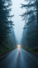 Poster - Serene and Mysterious Foggy Road Surrounded by Dark Green Forest in Twilight Atmosphere with Soft Light Reflections on Wet Pavement