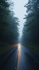 Poster - Serene and Mysterious Foggy Road Surrounded by Dark Green Forest in Twilight Atmosphere with Soft Light Reflections on Wet Pavement