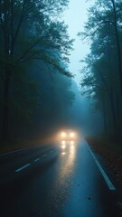 Poster - Serene and Mysterious Foggy Road Surrounded by Dark Green Forest in Twilight Atmosphere with Soft Light Reflections on Wet Pavement