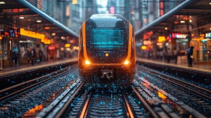 Aufkleber - A modern smart train prepares for departure in a busy urban rail station, showcasing cutting edge automation and AI systems.