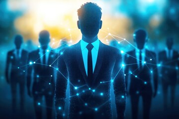 Wall Mural - silhouetted business figures with a digital network glow, representing innovation, leadership, and c