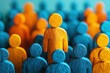 © Worrapol - Colorful Wooden Figures Representing Diversity, Leadership, and Individuality in a Crowd of Blue and Orange Silhouettes