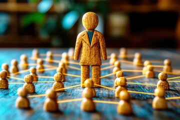 Wall Mural - wooden figure representing leadership surrounded by networked human icons in a business concept illu