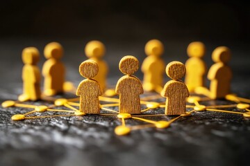 Wall Mural - wooden figures connected by lines on a dark surface representing social network and community relati