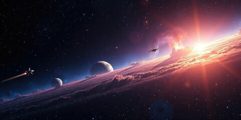 Wall Mural - starscape depicting interstellar travel, distant nebulae and galaxies, spaceship, astronomy