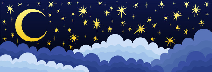 Wall Mural - night sky. stars, moon and clouds for cute sleep. gradient crescent for kid dream. goodnight landsca
