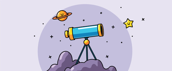 Wall Mural - cheerful cartoon telescope observes happy planets and stars in the night sky