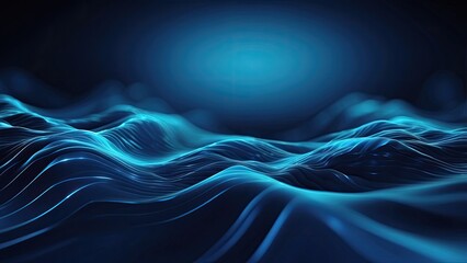 Abstract digital landscape with blue wavy lines converging towards the horizon under a dark