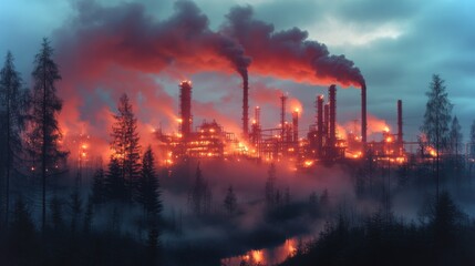 Leinwandbilder - A mining facility is actively operating at dusk, with smokestacks emitting thick plumes of smoke. The industrial site glows against the darkening sky, surrounded by a misty forest.