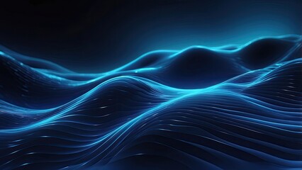 Abstract digital landscape with blue wavy lines converging towards the horizon under a dark