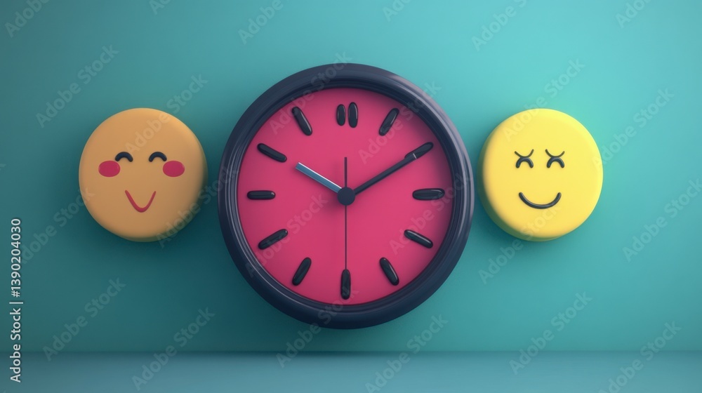 Clock with emotions instead of numbers showing changing states ...