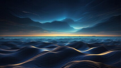 Abstract digital landscape with blue wavy lines converging towards the horizon under a dark