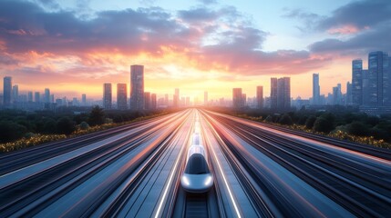 Aufkleber - High speed train moves along elevated tracks in a bustling city at sunset, highlighting automation and innovative mobility in modern infrastructure and transport systems.
