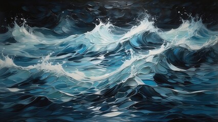 Abstract digital landscape with blue wavy lines converging towards the horizon under a dark