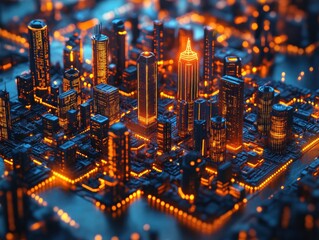 Fototapete - City Skyline at Night: Aerial View of a Modern Metropolis