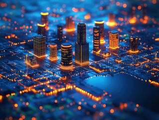 Poster - Aerial View of a Modern City at Night with Skyscrapers and Urban Landscape