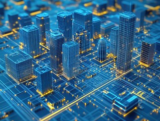 Fototapete - Futuristic Cityscape with Skyscrapers and High-Rise Buildings
