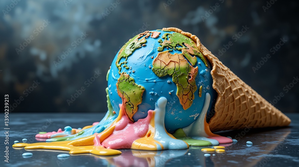 Global Warming Threat A melting Earth globe in an ice cream cone ...