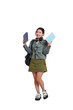 © NETI studio - Portrait of Asian female student wearing backpack, headphones, fashionable clothes, posing dynamically on white background