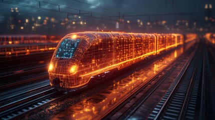Fototapete - A futuristic smarttrain illuminated by a glowing design stands on the tracks in an urban setting at dusk, showcasing cutting edge transportation technology and automation systems.