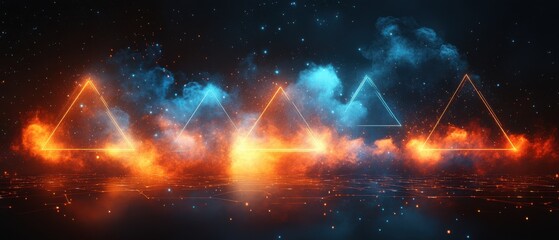 Wall Mural - abstract cosmic background with glowing triangles and nebula clouds in orange and blue concept of fu