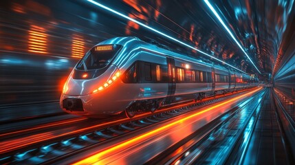 Leinwandbilder - A sleek, modern smarttrain navigates a well lit urban transport tunnel. Bright lights streak past as it moves swiftly along the tracks, showcasing innovations in mobility and automation.
