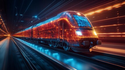 Aufkleber - High speed smart train equipped with advanced automation technology is traveling rapidly on urban rails at night. The train showcases vibrant digital patterns representing connectivity.