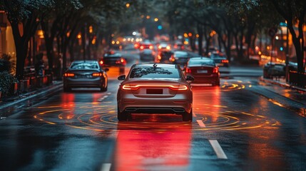 Aufkleber - Multiple vehicles navigate a busy urban roadway, illuminated by colorful city lights and showcasing advanced connectivity technologies. The atmosphere reflects a blend of innovation and mobility.