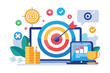 © Tanu - An illustration representing a digital marketing strategy with a target, laptop, and stacks of gold coins symbolizing financial growth.