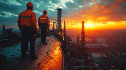 Fototapete - Two workers stand on top of a powerplant roof, looking out at a breathtaking sunset that highlights the importance of energy generation and infrastructure in the mining industry.