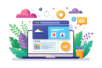 An illustration of an open laptop with a web browser window displaying a website with different sections and design elements. Surrounding the laptop are colorful clouds, gears, and foliage.