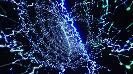 Canvas Print - glowing green and blue plexus tunnel swirling against a black background, forming an abstract futuri